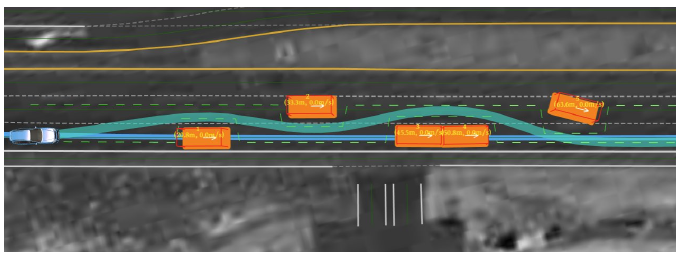 Piecewise-jerk path in a cluttered scene — guide line (blue), corridor, and optimized path weaving past static vehicles
